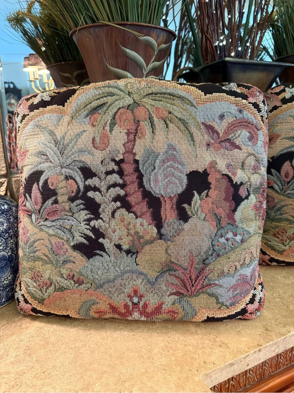 Vintage Aubusson Tapestry Needlepoint Palm Tree Pillows 18x18 - Pair
